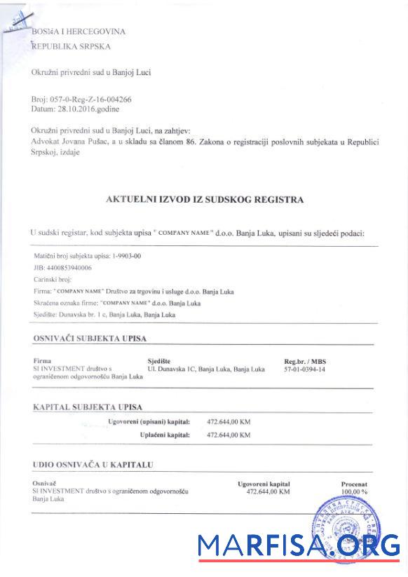 Realistic Bosnia and Hercegovina Certificate of Registration example